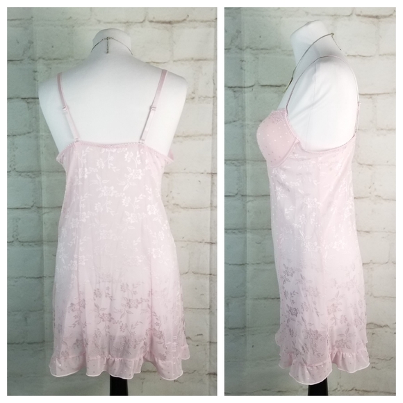 Sexy Pastel Pink L Stretchy Lace Sheer Short Chemise Nightie Foam Bra Underwire - Picture 4 of 8